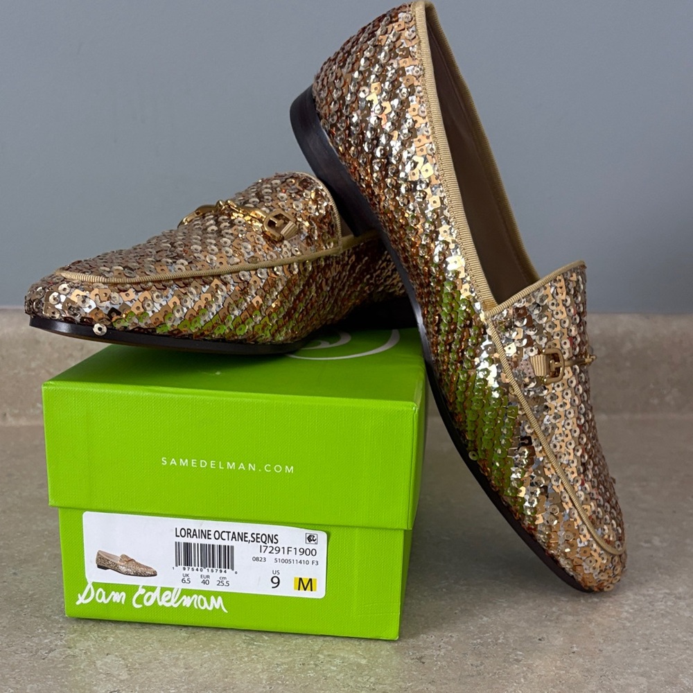Sam Edelman Sequined Loafers in Metallic Gold and Bronze